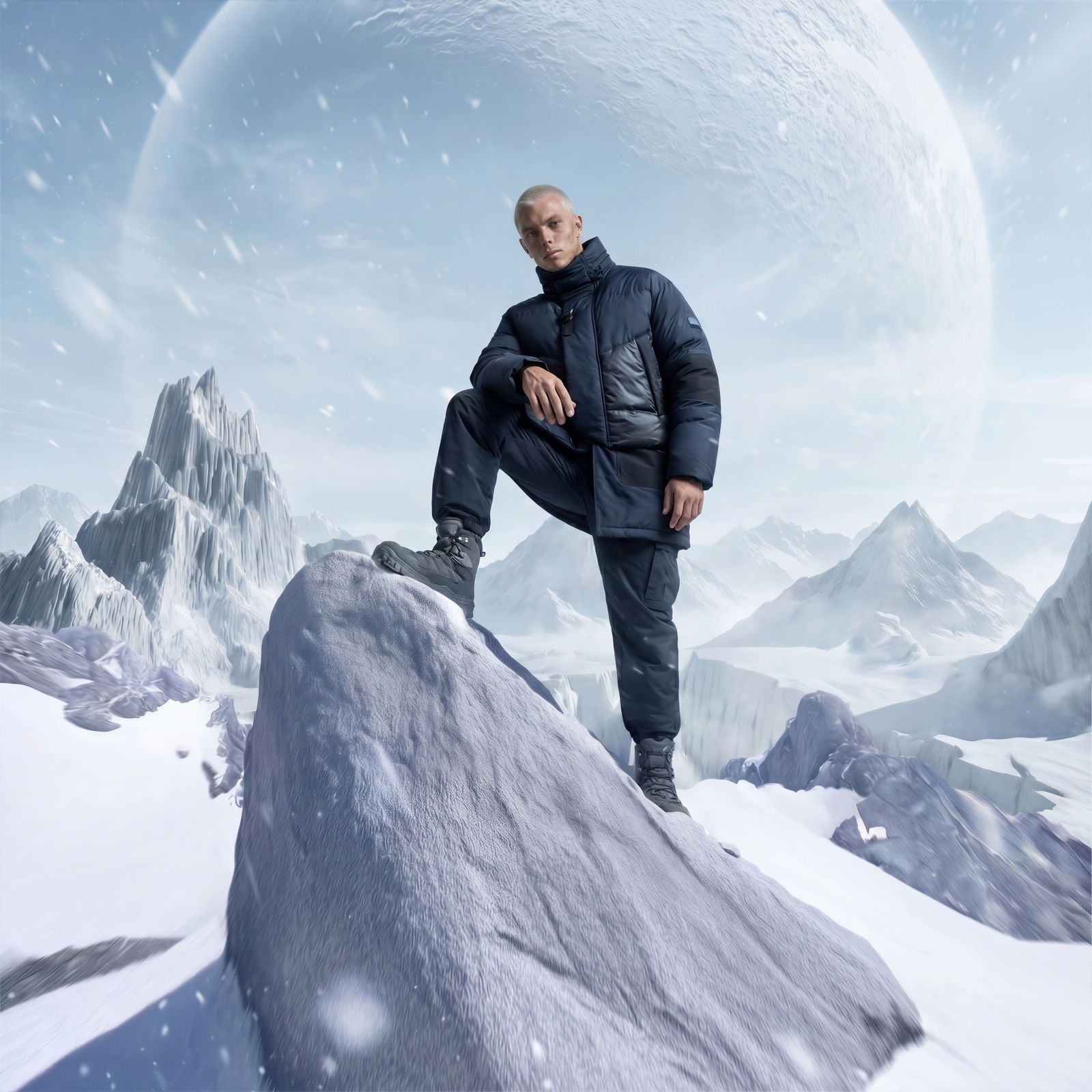 Civil Form campaign — outerwear on an ice planet