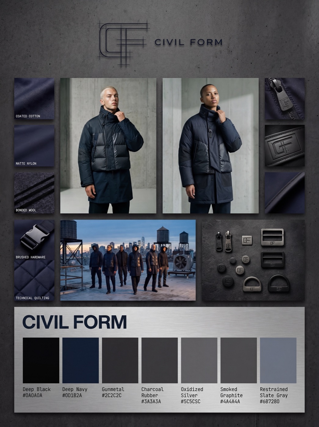 Civil Form brand moodboard — fabrications, hardware, color system