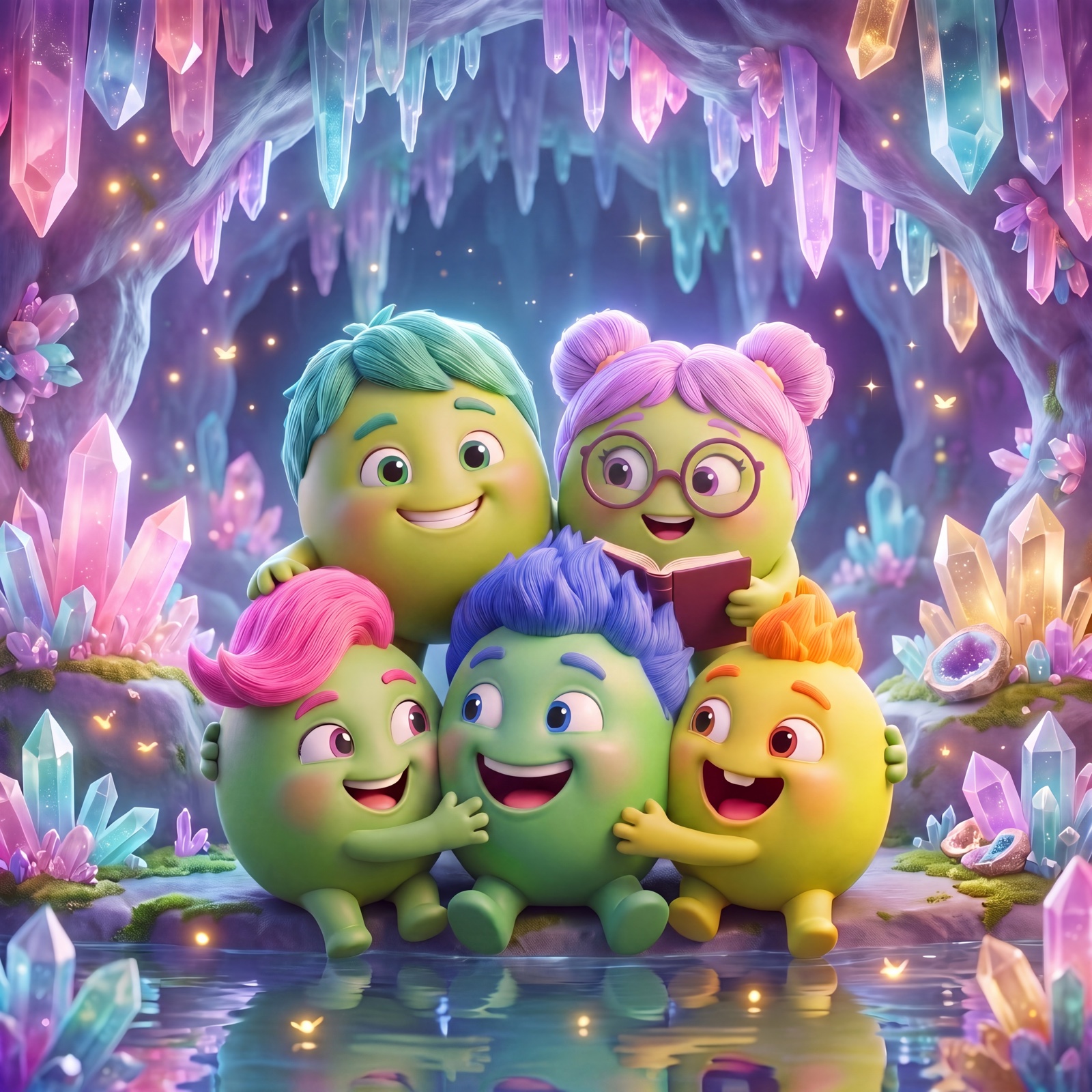 The five VIPeaples in the Crystal Grotto — group dog pile