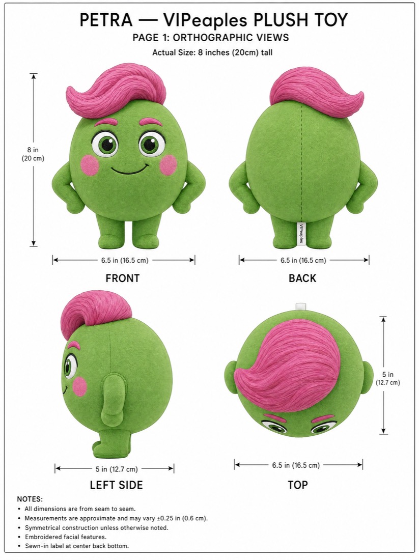 Petra plush toy specification sheet — orthographic views with dimensions